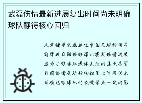 武磊伤情最新进展复出时间尚未明确球队静待核心回归 武磊伤情最新进展复出时间尚未明确球队静待核心回归